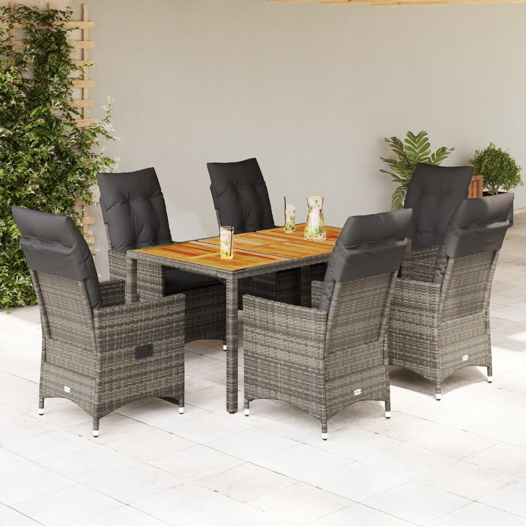 7 pcs conjunto de jantar p/ jardim c/ almofadões vime PE cinza