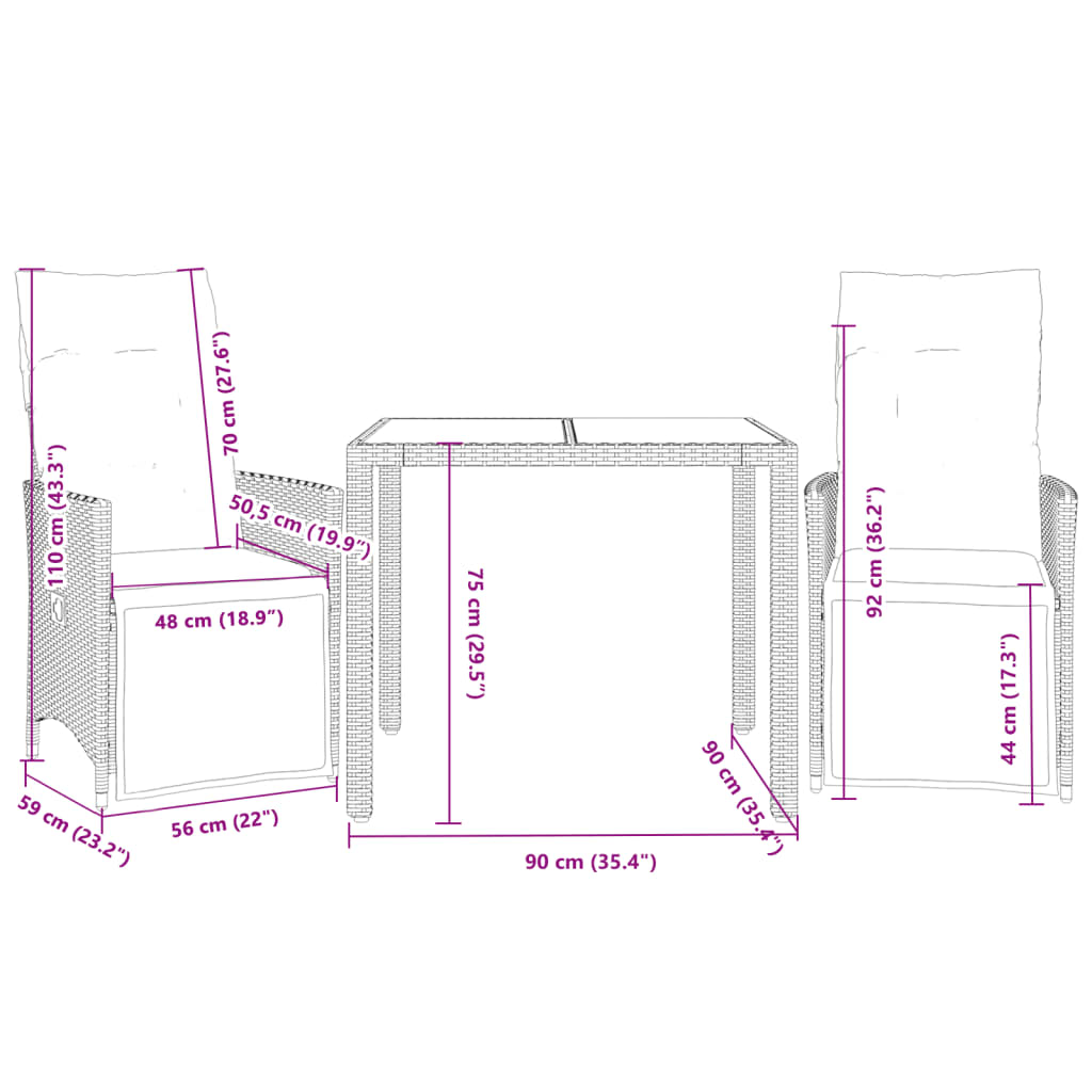 3 pcs conjunto de bistrô com almofadões vime PE preto