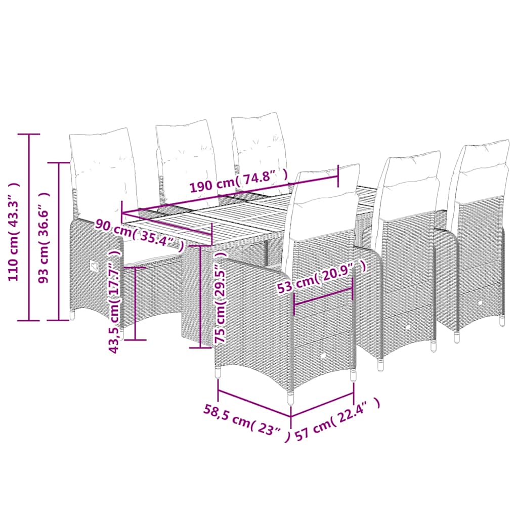 7 pcs conjunto de bistrô p/ jardim c/ almofadões vime PE preto