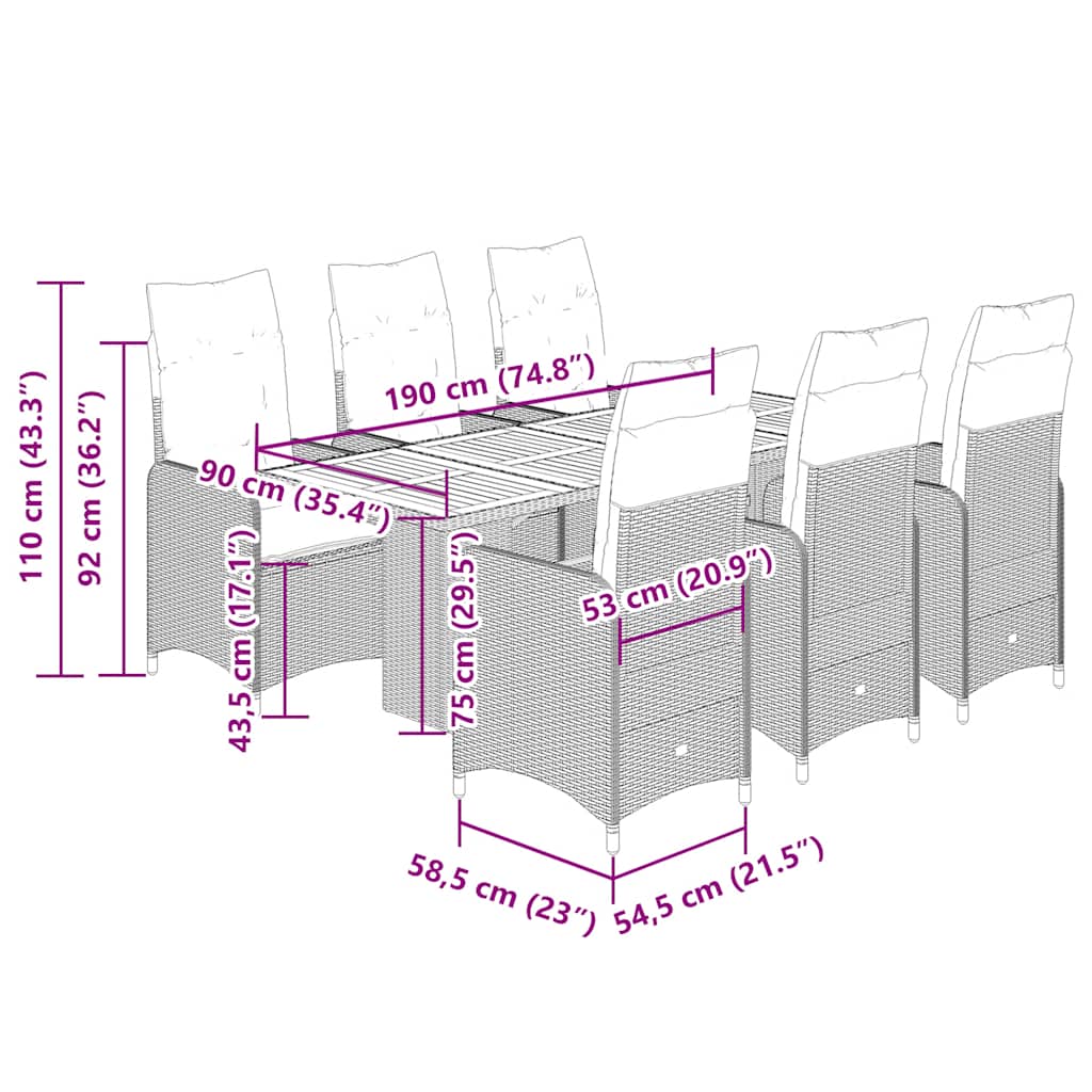 7 pcs conjunto bistrô de jardim c/ almofadões vime PE cinza