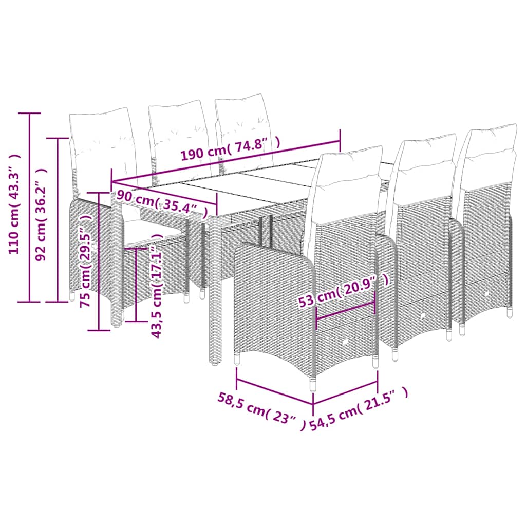 7 pcs conjunto bistrô de jardim c/ almofadões vime PE castanho