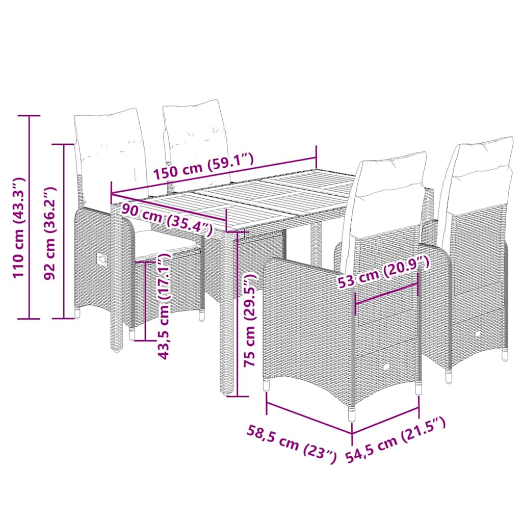 5 pcs conjunto de bistrô para jardim c/ almofadões vime PE bege
