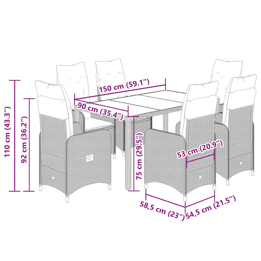 7 pcs conjunto de bistrô para jardim c/ almofadões vime PE bege