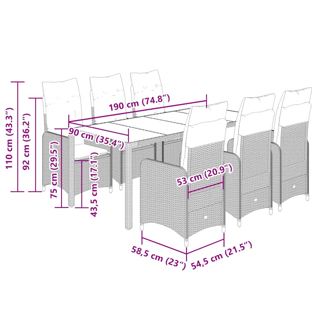 7 pcs conjunto de bistrô para jardim c/ almofadões vime PE bege