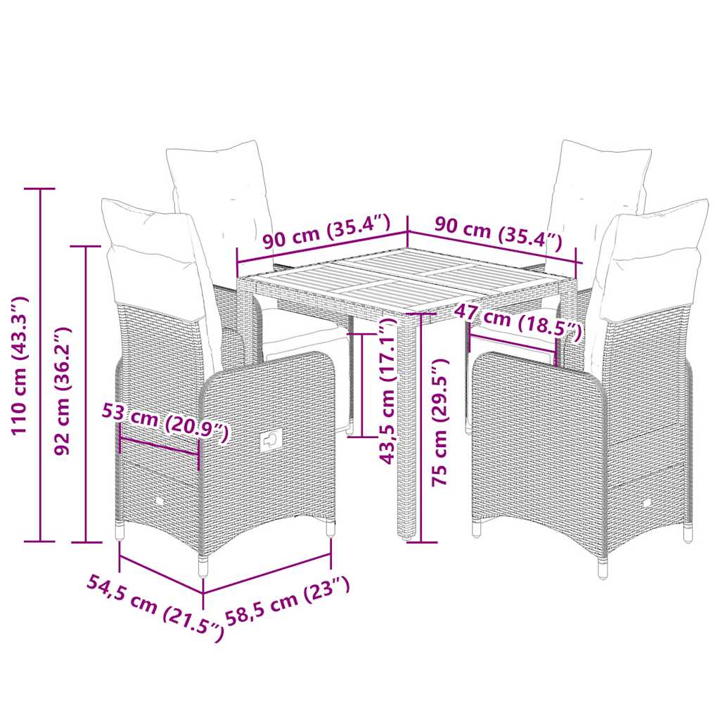 5 pcs conjunto bistrô de jardim c/ almofadões vime PE preto