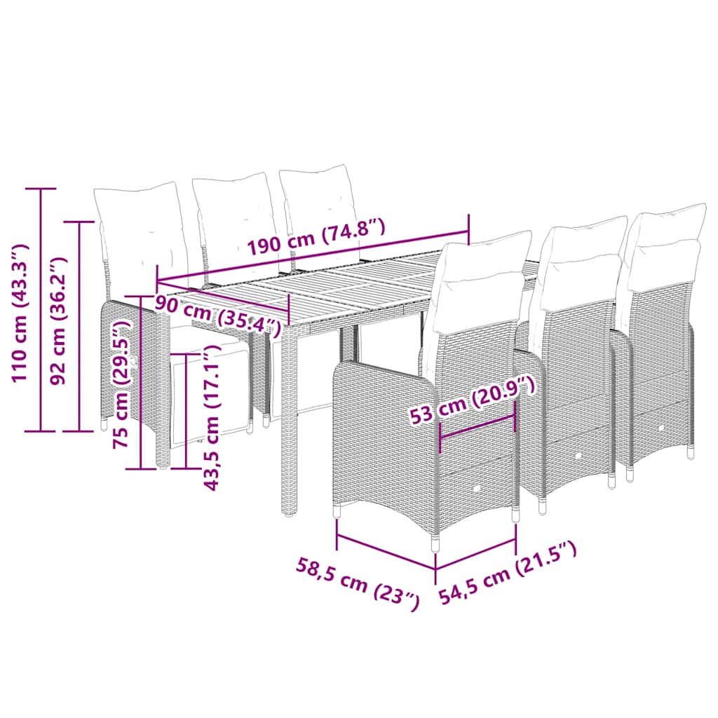 7 pcs conjunto de bistrô p/ jardim c/ almofadões vime PE preto