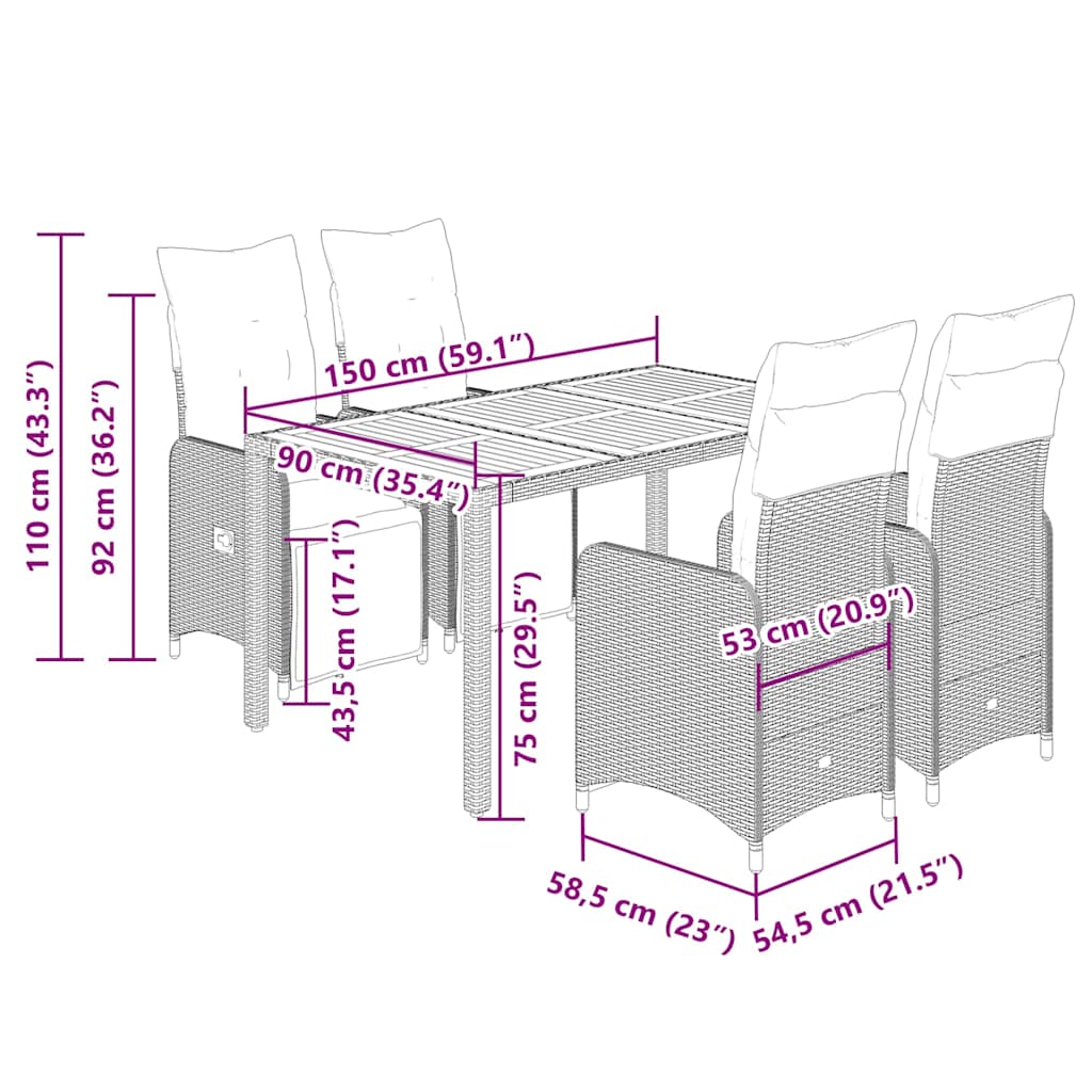 5 pcs conjunto bistrô de jardim c/ almofadões vime PE preto