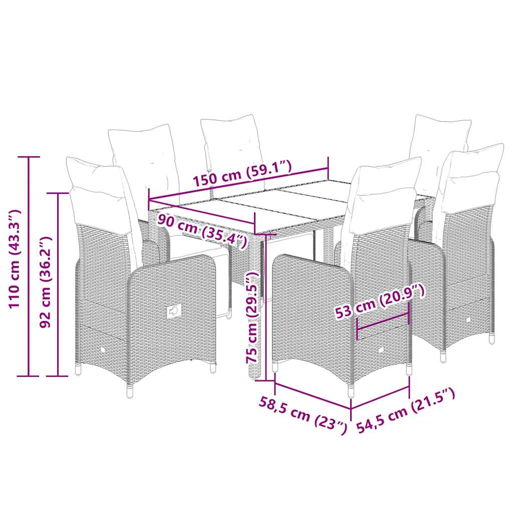 7 pcs conjunto de bistrô p/ jardim c/ almofadões vime PE preto