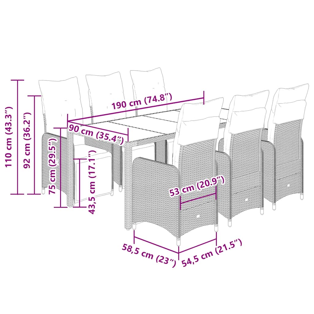 7 pcs conjunto de bistrô p/ jardim c/ almofadões vime PE preto