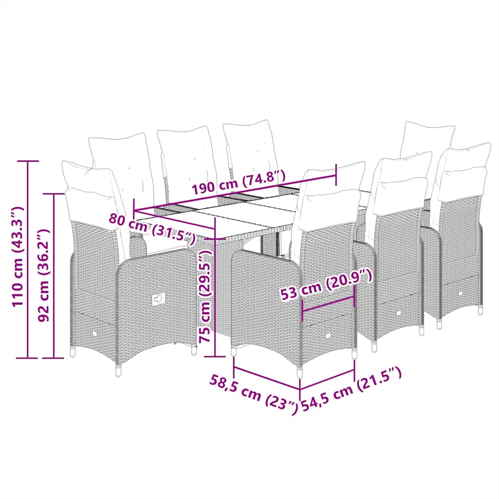 7 pcs conjunto de bistrô p/ jardim c/ almofadões vime PE preto