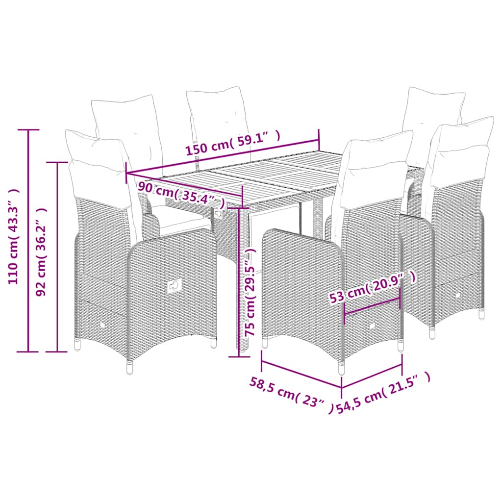 7 pcs conjunto bistrô de jardim c/ almofadões vime PE cinza