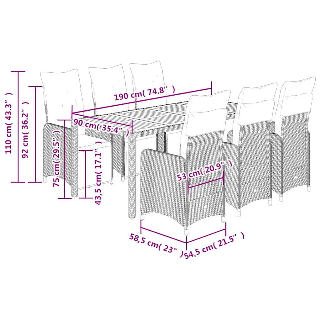 7 pcs conjunto bistrô de jardim c/ almofadões vime PE cinza