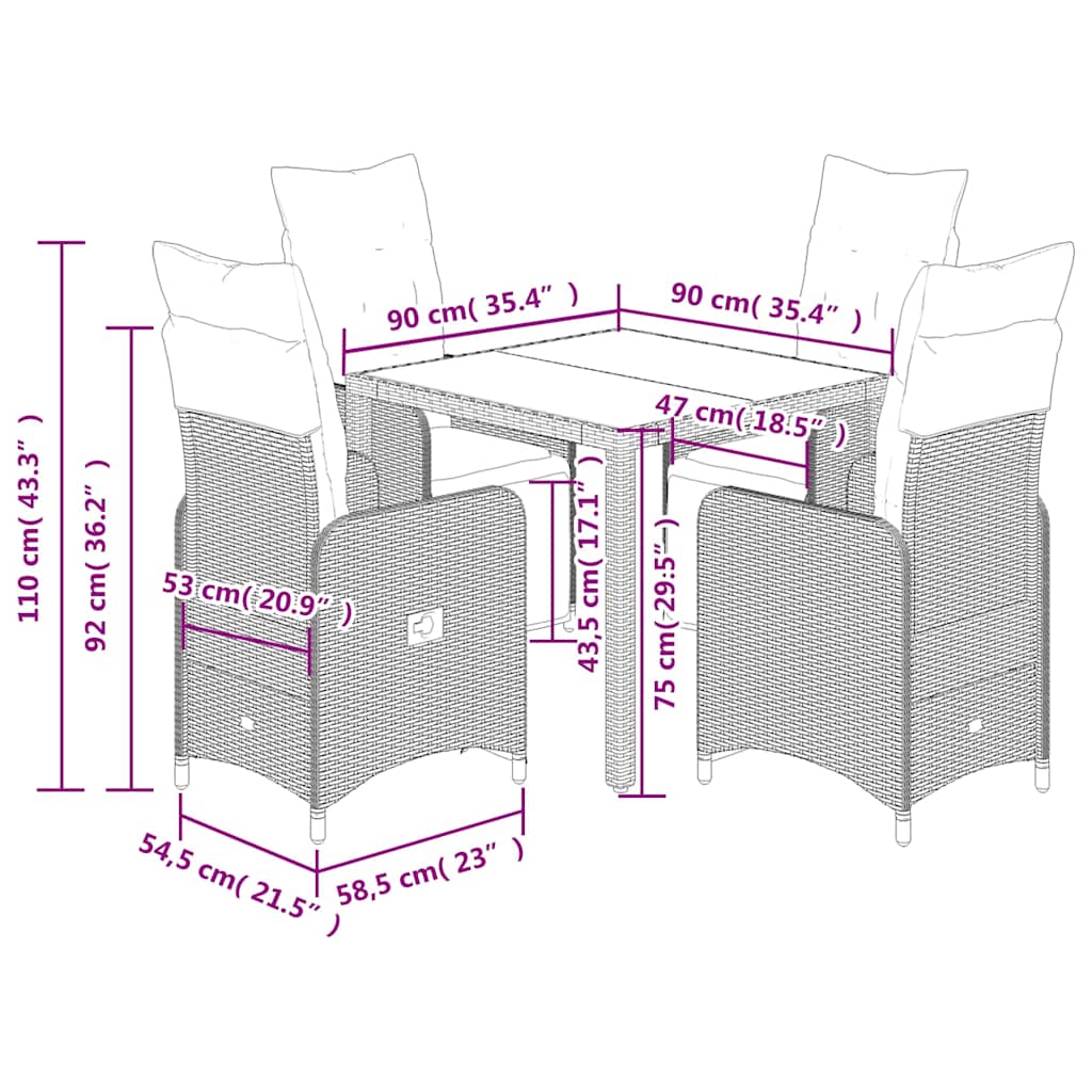 5 pcs conjunto bistrô de jardim c/ almofadões vime PE cinza