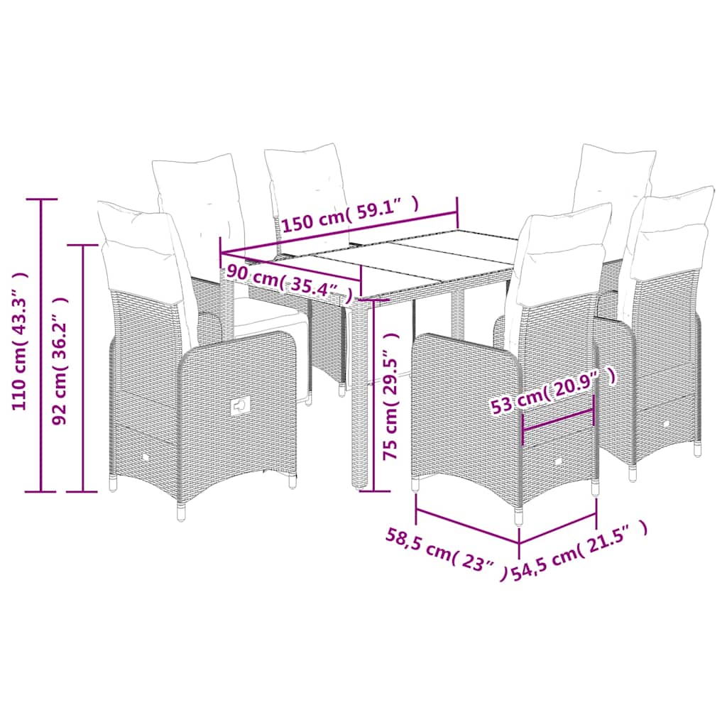 7 pcs conjunto bistrô de jardim c/ almofadões vime PE cinza