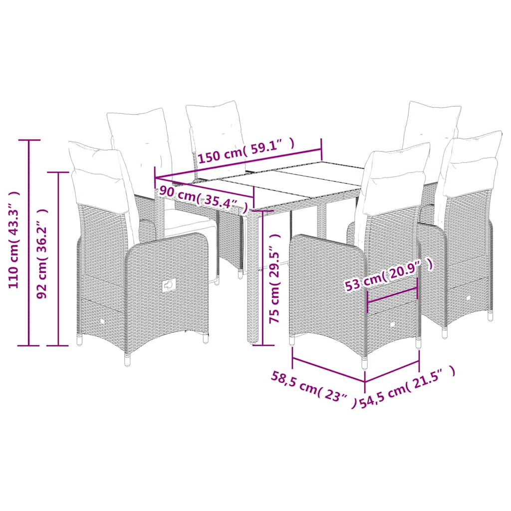 7 pcs conjunto bistrô de jardim c/ almofadões vime PE castanho