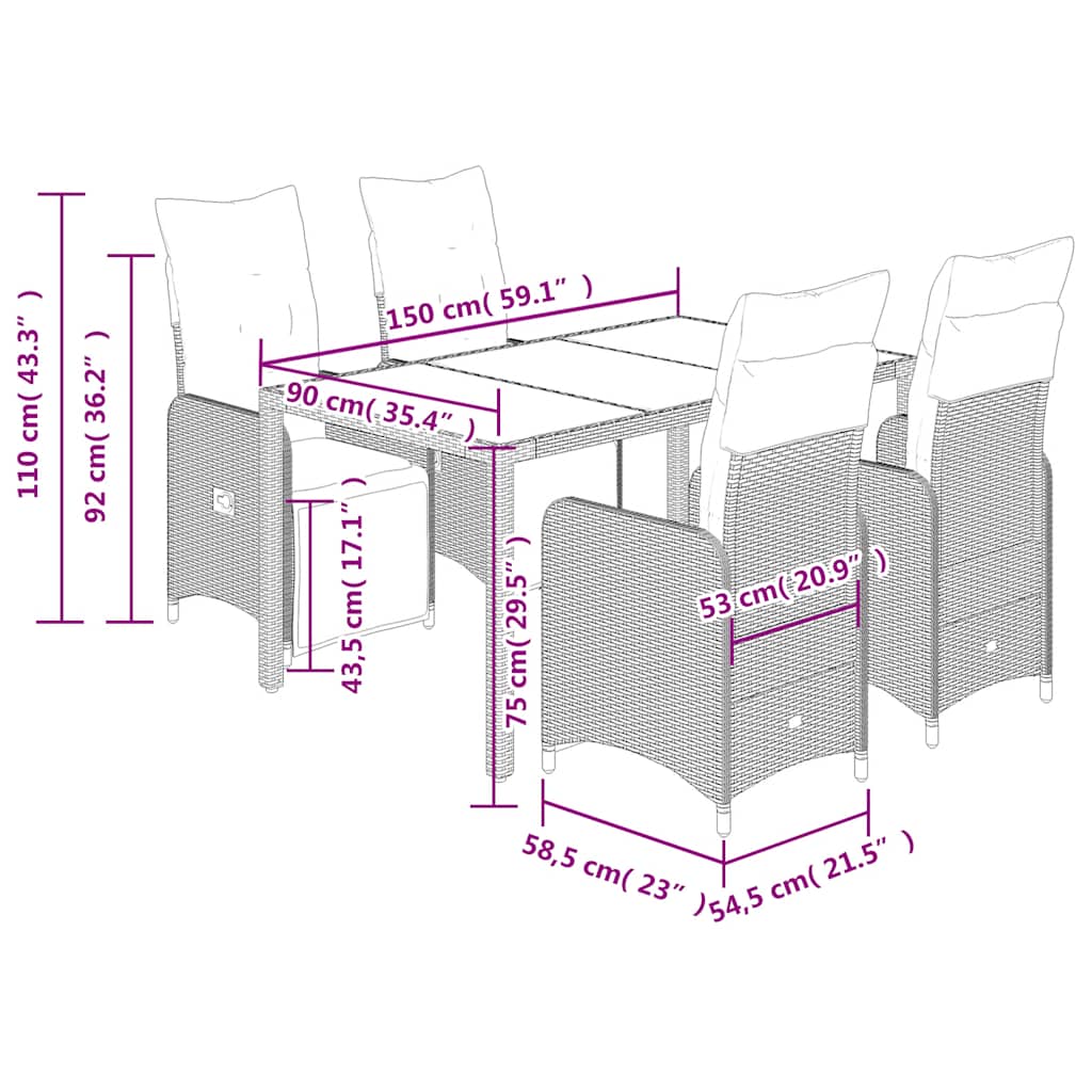 5 pcs conjunto bistrô p/ jardim c/ almofadões vime PE castanho
