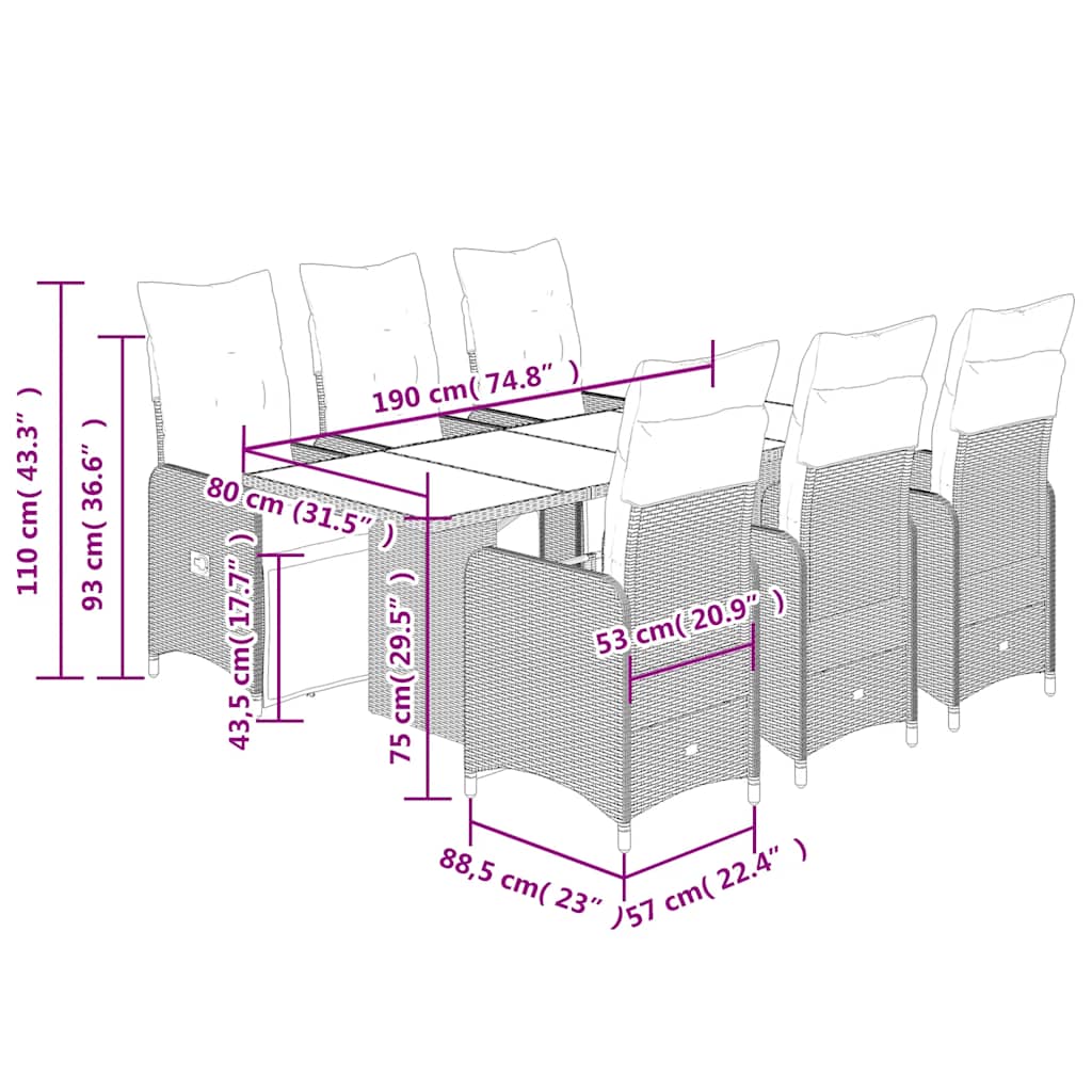 7 pcs conjunto bistrô de jardim c/ almofadões vime PE castanho