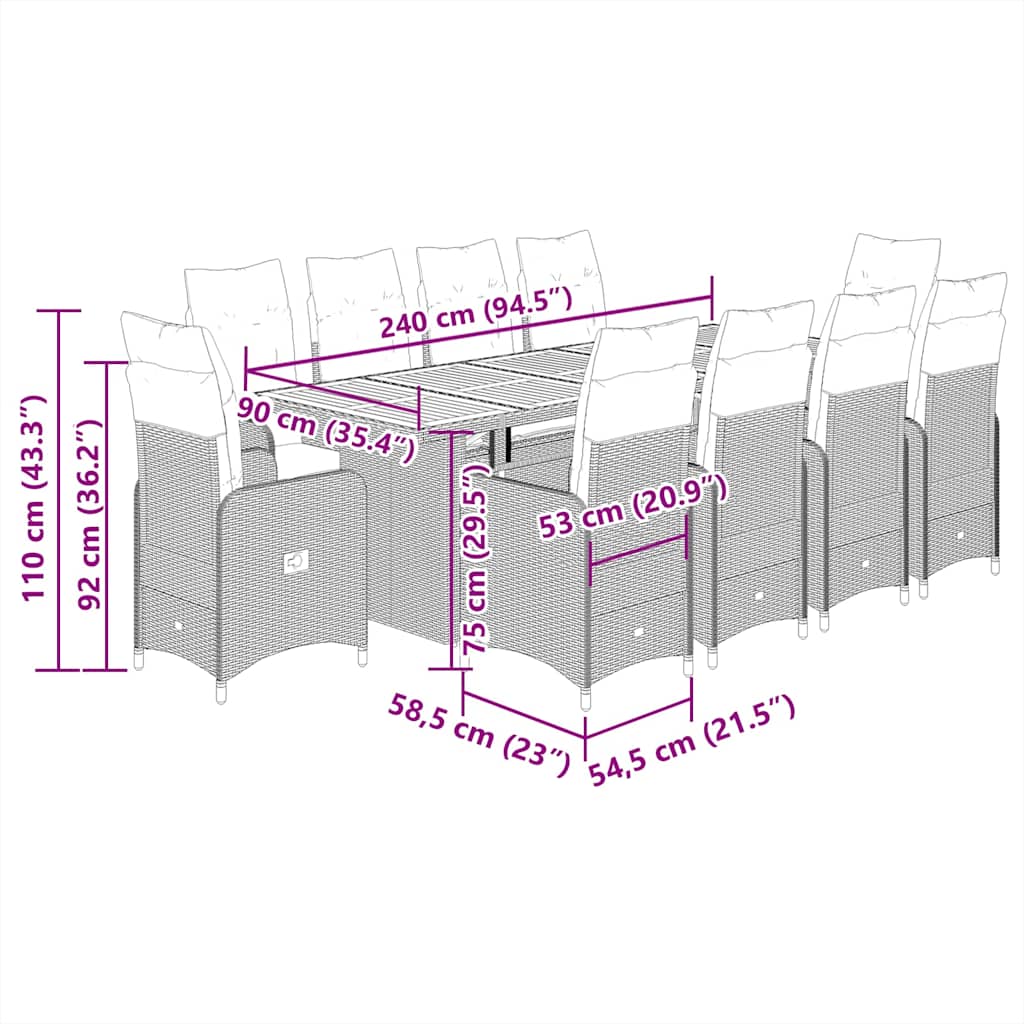 11 pcs conjunto bistrô de jardim c/ almofadões vime PE cinzento