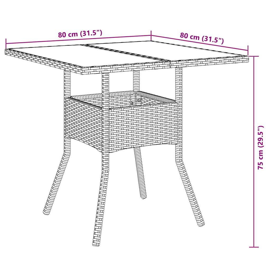 3 pcs conjunto jantar jardim c/ almofadões vime PE/vidro preto