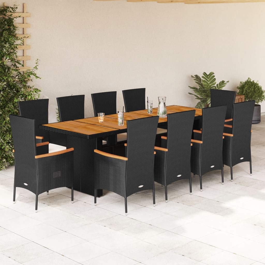 11 pcs conjunto de jantar p/ jardim c/ almofadões vime PE preto