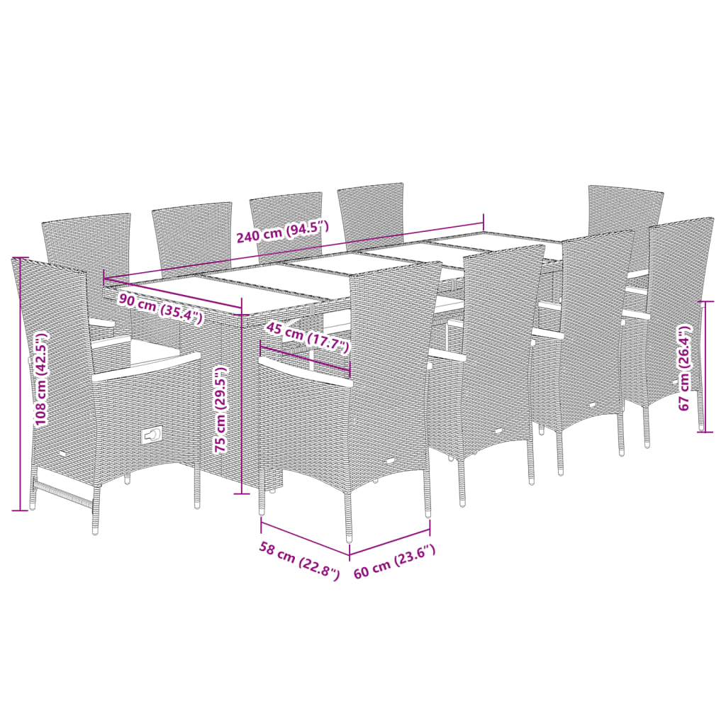 11 pcs conjunto de jantar p/ jardim c/ almofadões vime PE preto