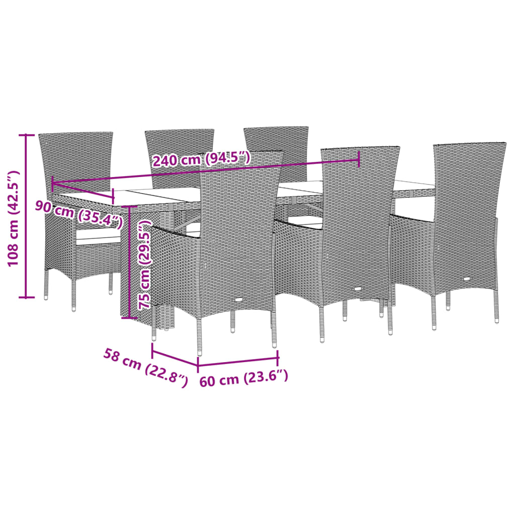 7 pcs conjunto de jantar p/ jardim com almofadões vime PE bege