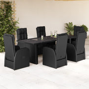 7 pcs conjunto de jantar p/ jardim c/ almofadões vime PE preto