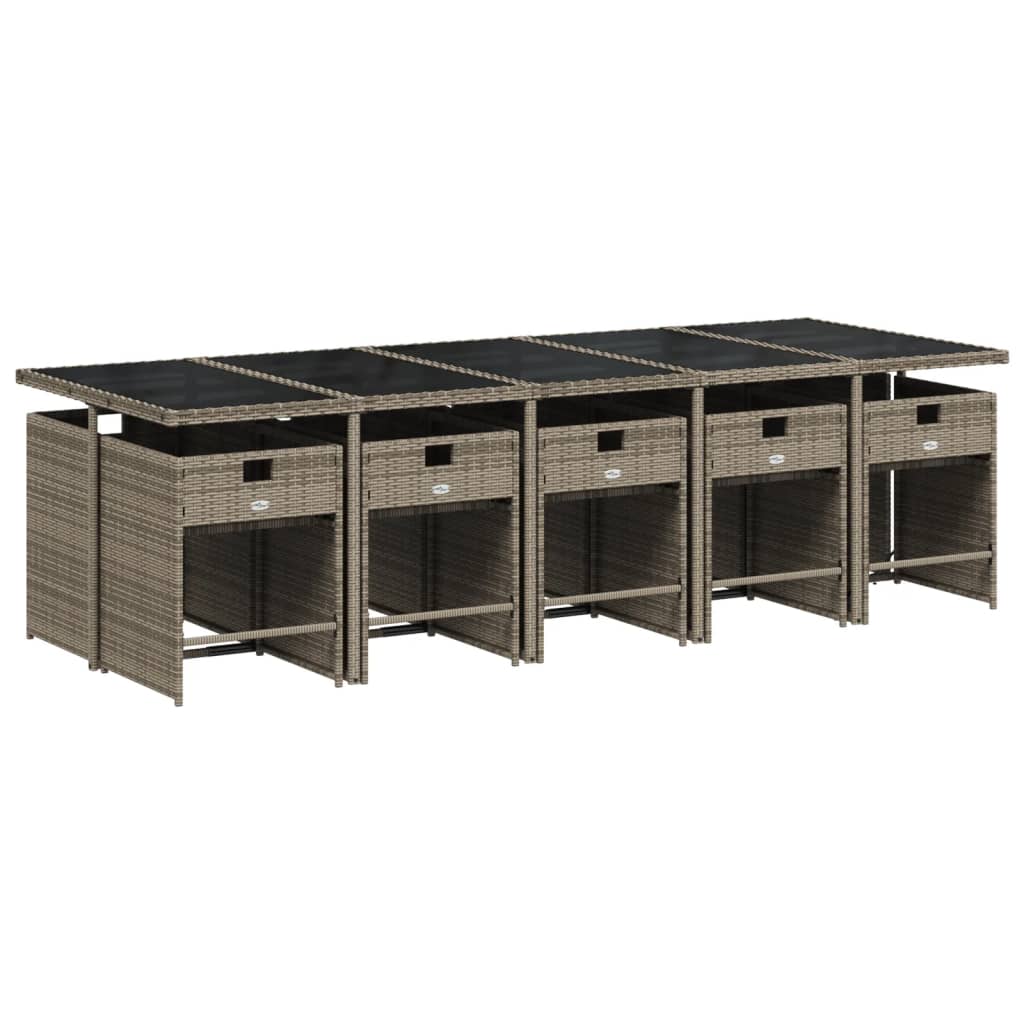 11 pcs conjunto jantar p/ jardim c/ almofadões vime PE cinzento