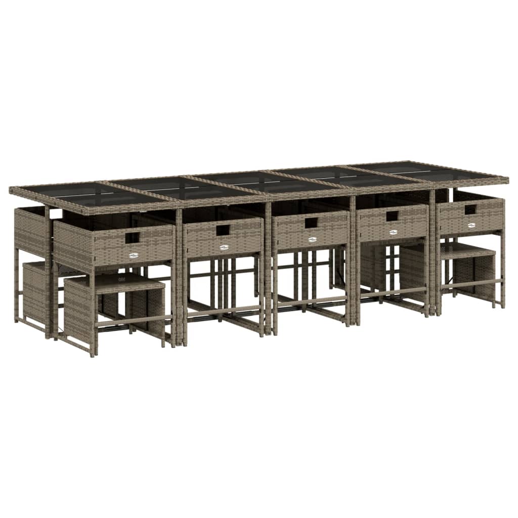 15 pcs conjunto jantar p/ jardim c/ almofadões vime PE cinzento