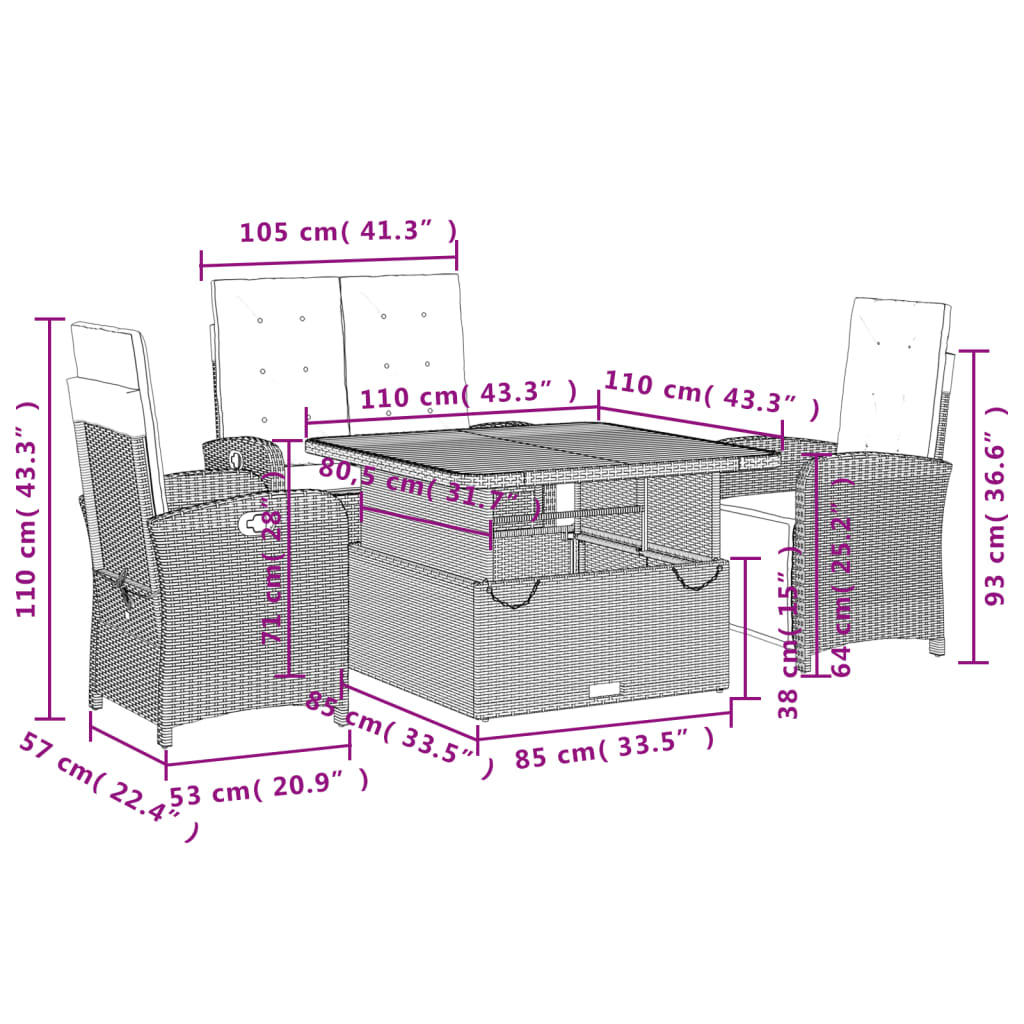 4 pcs conjunto de jantar p/ jardim c/ almofadões vime PE bege