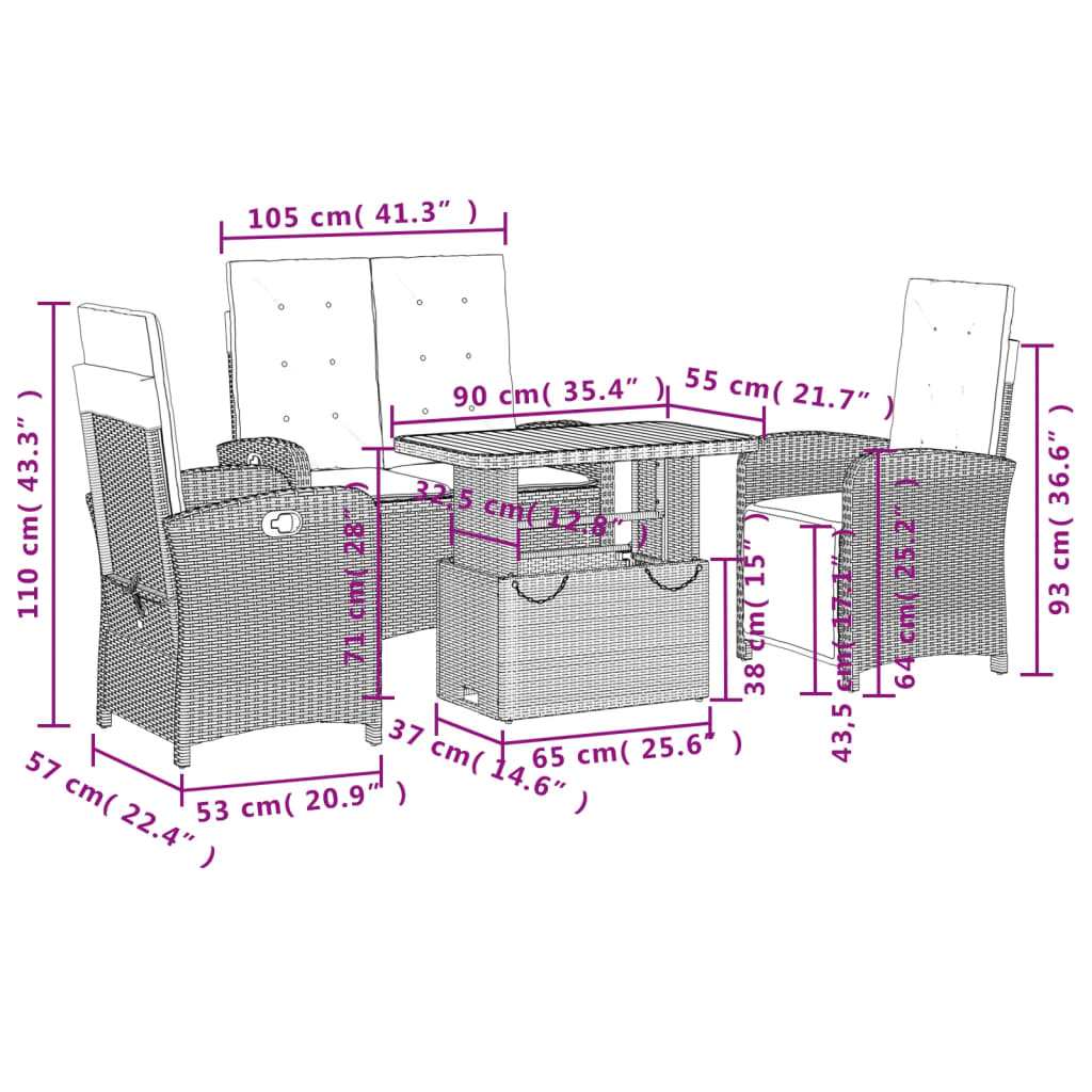 4 pcs conjunto de jantar p/ jardim c/ almofadões vime PE bege