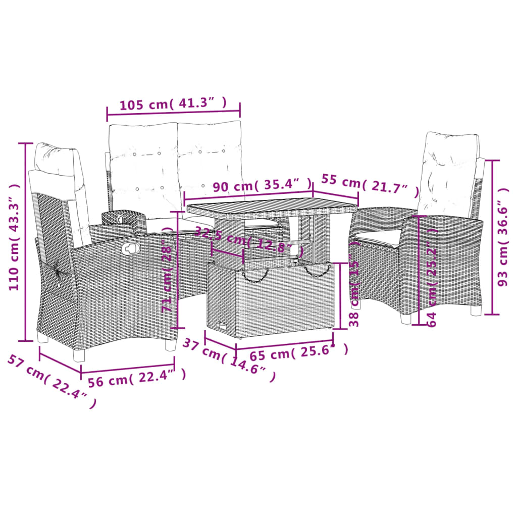 4 pcs conjunto de jardim p/ jardim c/ almofadões vime PE preto