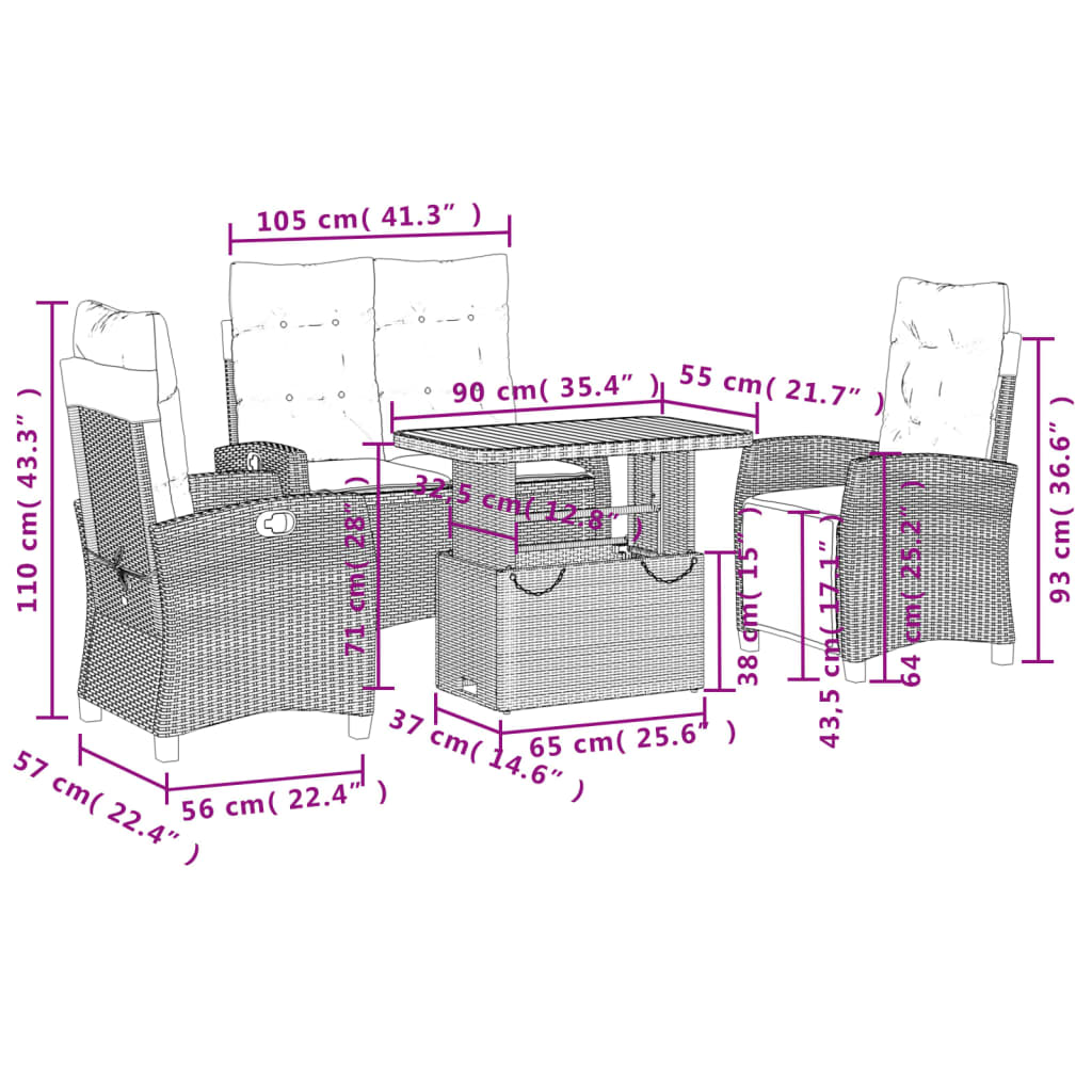 4 pcs conjunto de jantar p/ jardim c/ almofadões vime PE bege