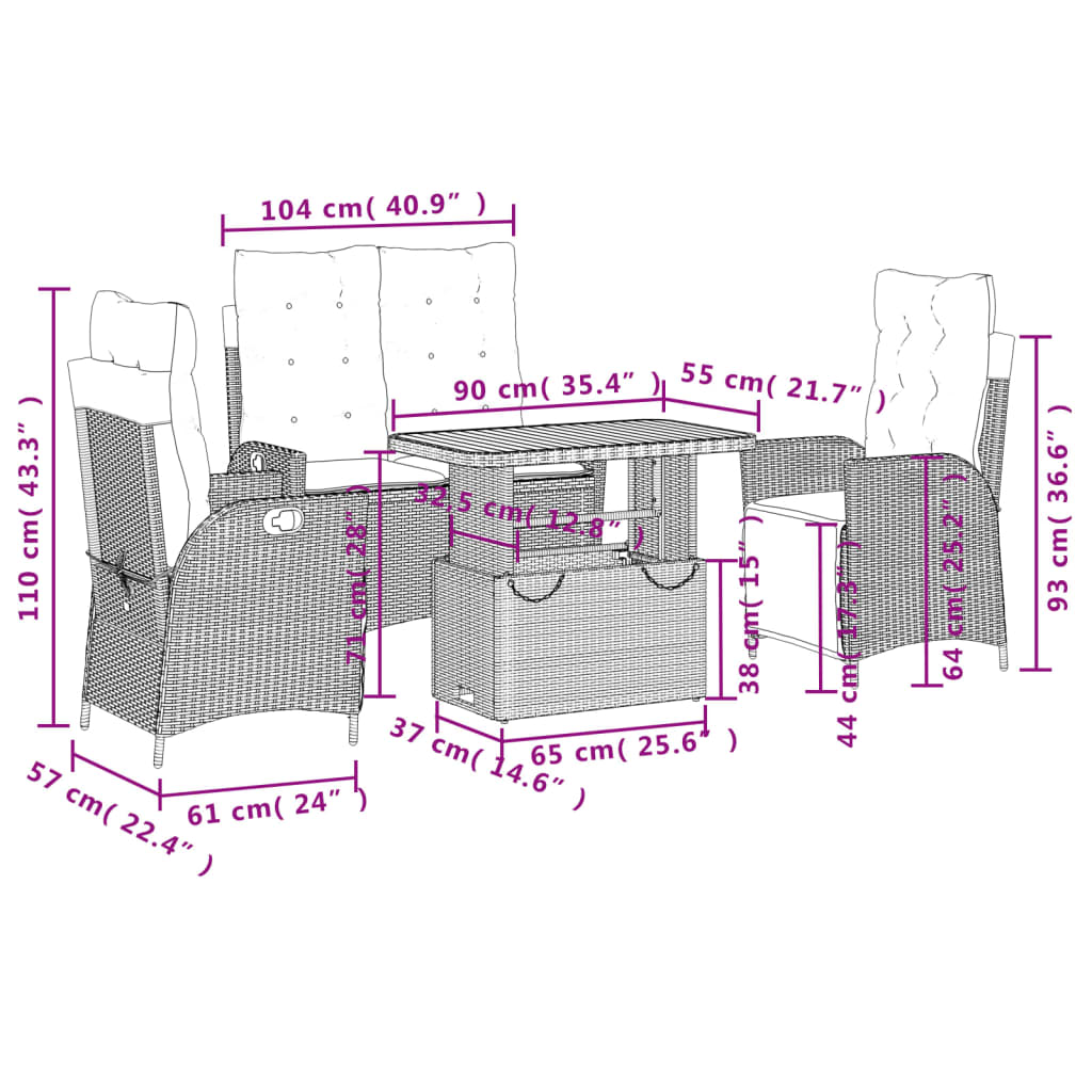 4 pcs conjunto de jardim p/ jardim c/ almofadões vime PE preto