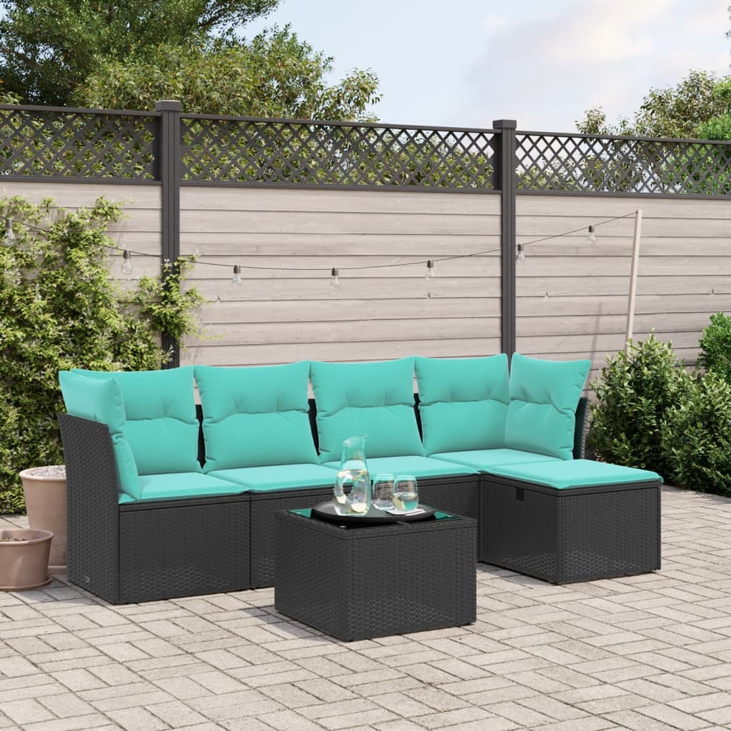 6 pcs conjunto de sofás p/ jardim c/ almofadões vime PE preto