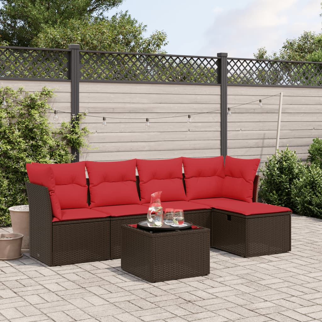 6 pcs conjunto de sofás jardim c/ almofadões vime PE castanho