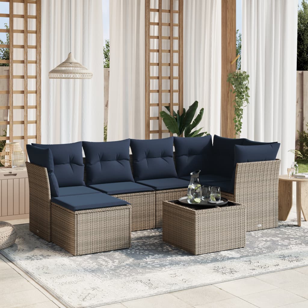 7 pcs conjunto sofás p/ jardim c/ almofadões vime PE cinzento