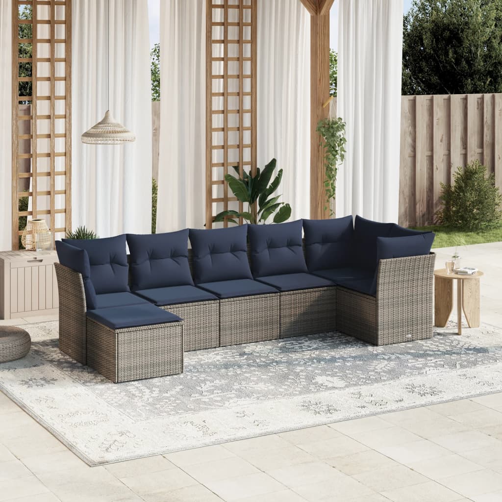 7 pcs conjunto sofás p/ jardim c/ almofadões vime PE cinzento