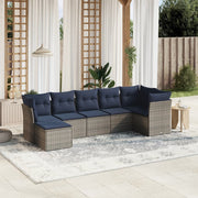 7 pcs conjunto sofás p/ jardim c/ almofadões vime PE cinzento