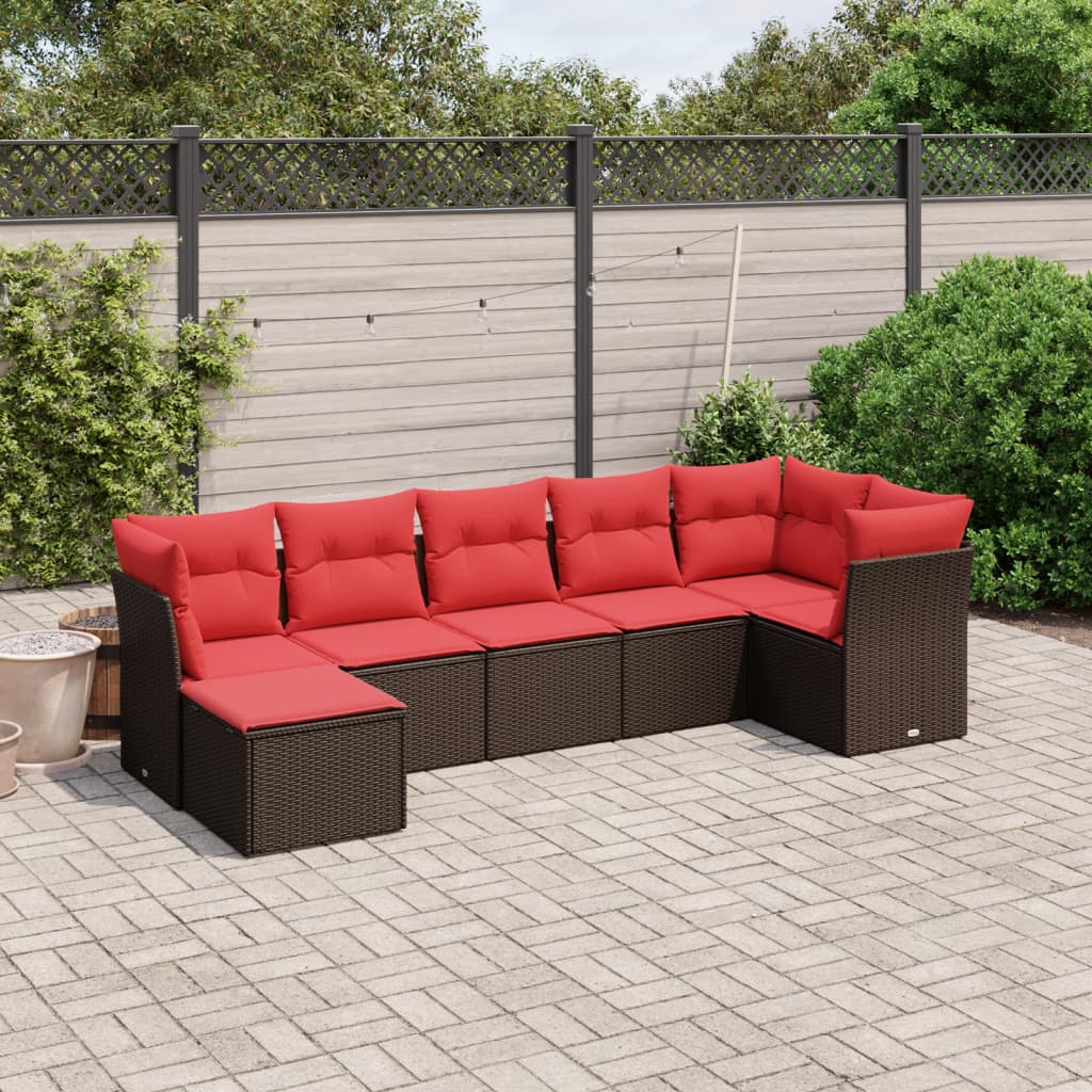 7 pcs conjunto de sofás jardim c/ almofadões vime PE castanho