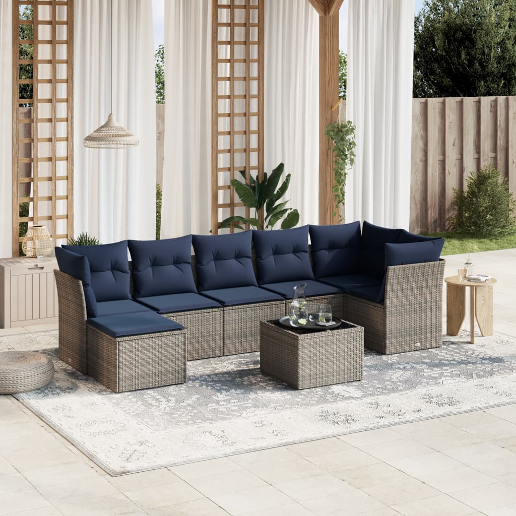 8 pcs conjunto sofás p/ jardim c/ almofadões vime PE cinzento