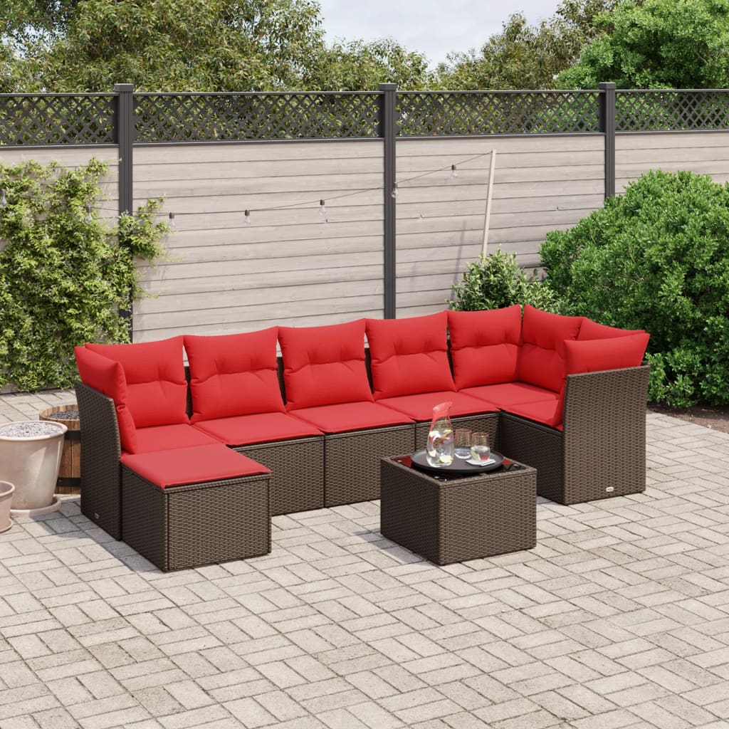 8 pcs conjunto sofás de jardim c/ almofadões vime PE castanho