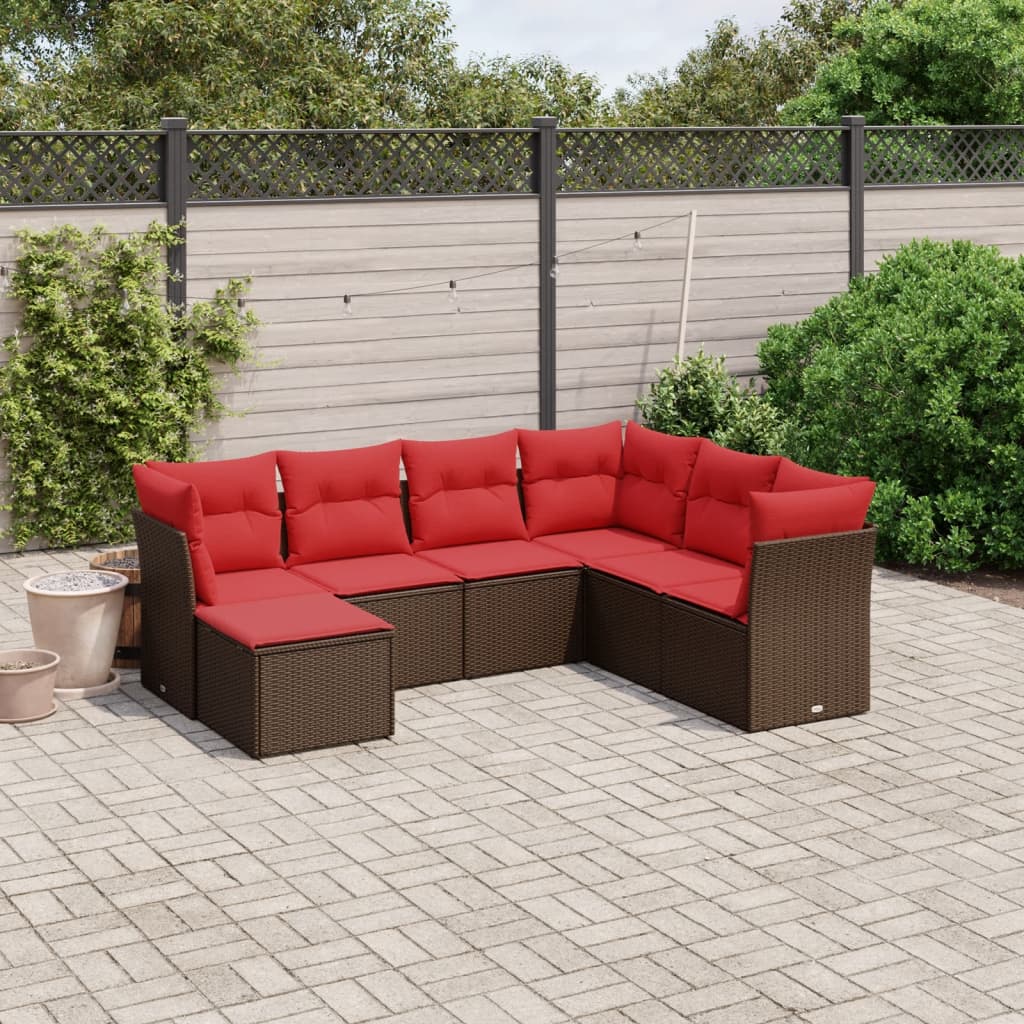 7 pcs conjunto de sofás jardim c/ almofadões vime PE castanho