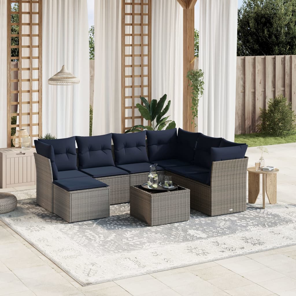 8 pcs conjunto sofás p/ jardim c/ almofadões vime PE cinzento