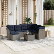 8 pcs conjunto sofás p/ jardim c/ almofadões vime PE cinzento