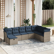 8 pcs conjunto sofás p/ jardim c/ almofadões vime PE cinzento