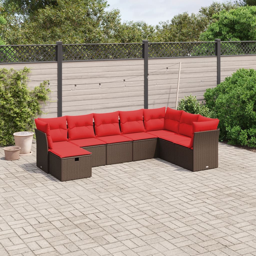 8 pcs conjunto sofás de jardim c/ almofadões vime PE castanho