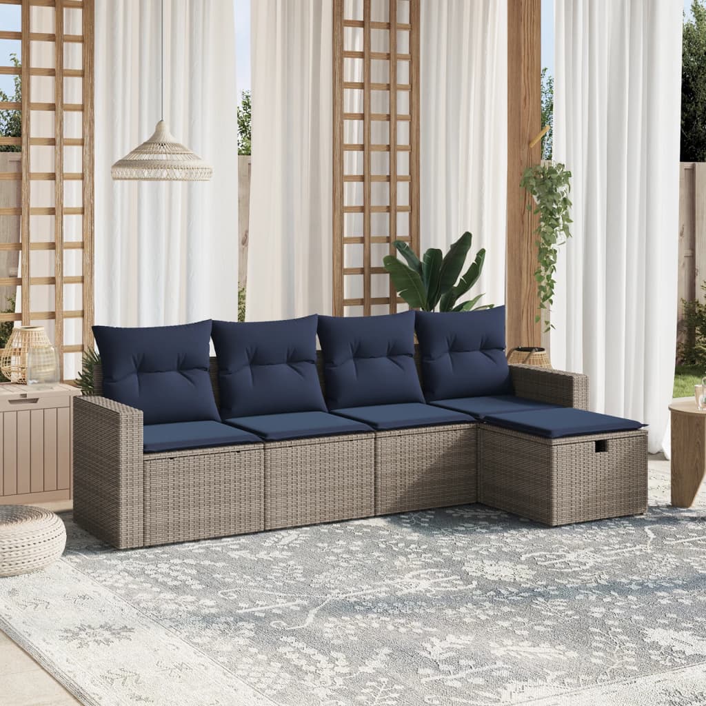 5 pcs conjunto sofás p/ jardim c/ almofadões vime PE cinzento