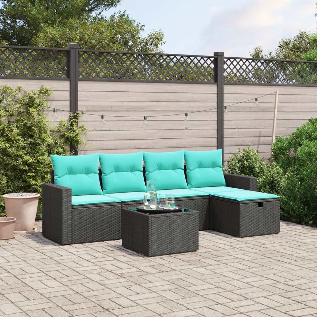 6 pcs conjunto de sofás p/ jardim c/ almofadões vime PE preto