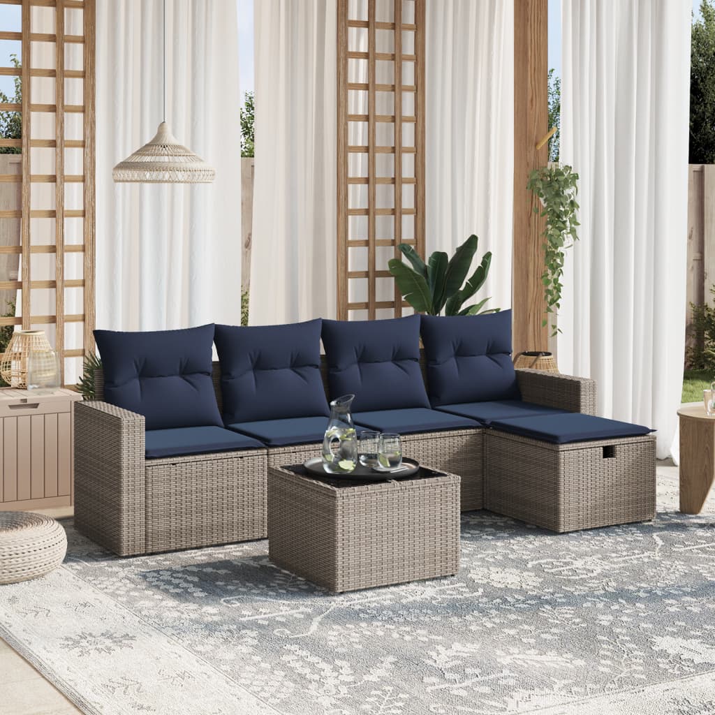 6 pcs conjunto sofás p/ jardim c/ almofadões vime PE cinzento